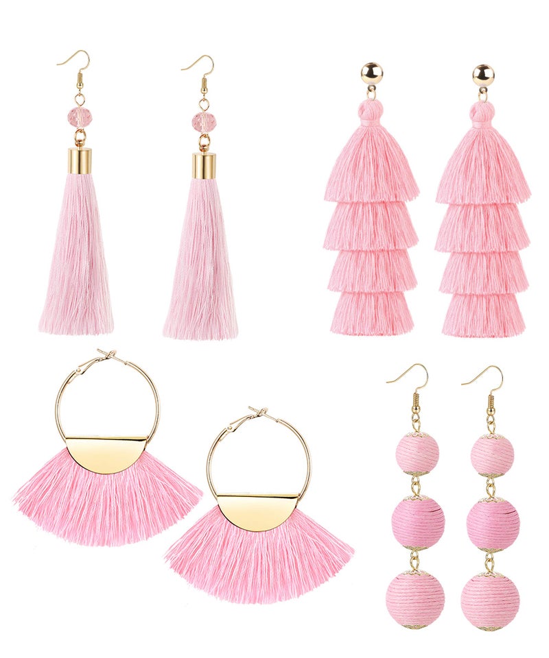 LOYALLOOK 4-Pair Fan Shape Drop Earrings - Long Thread Tassel, Bohemian Fringe, Handmade - Pink - Image 1